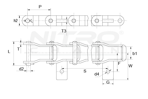 667XH Pintle Chain, Quad Staked Pins, AS Attachment Every 7th Link, 10ft Roll